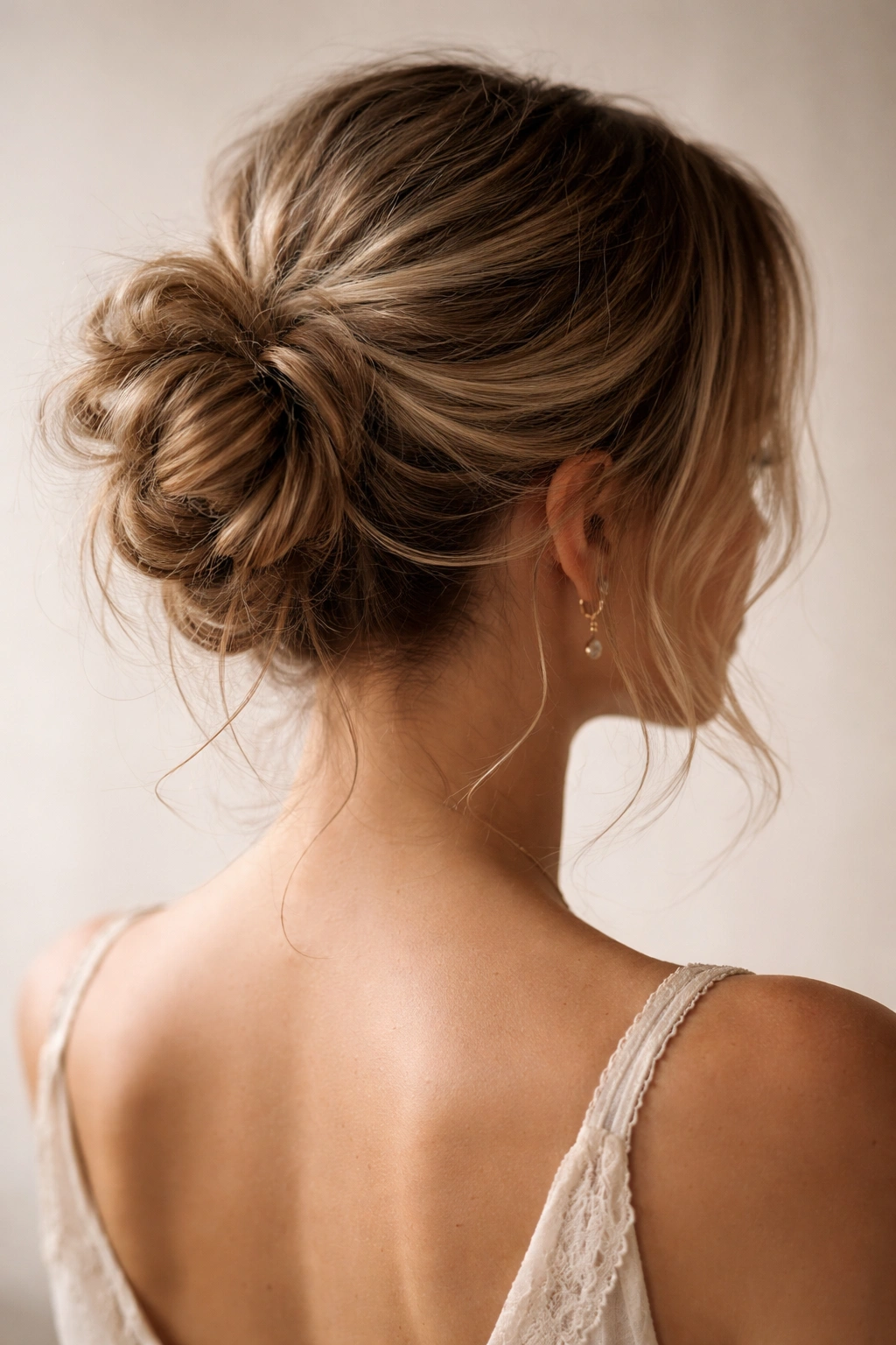 Back view of an elegantly undone messy bun with soft lighting.