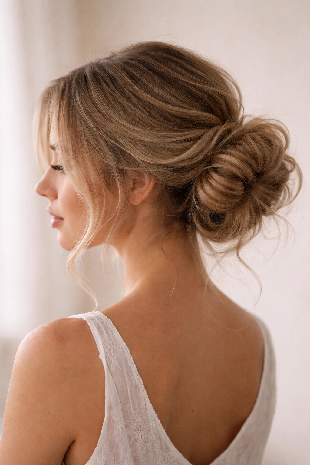 Calm side bun with soft texture and gentle lighting