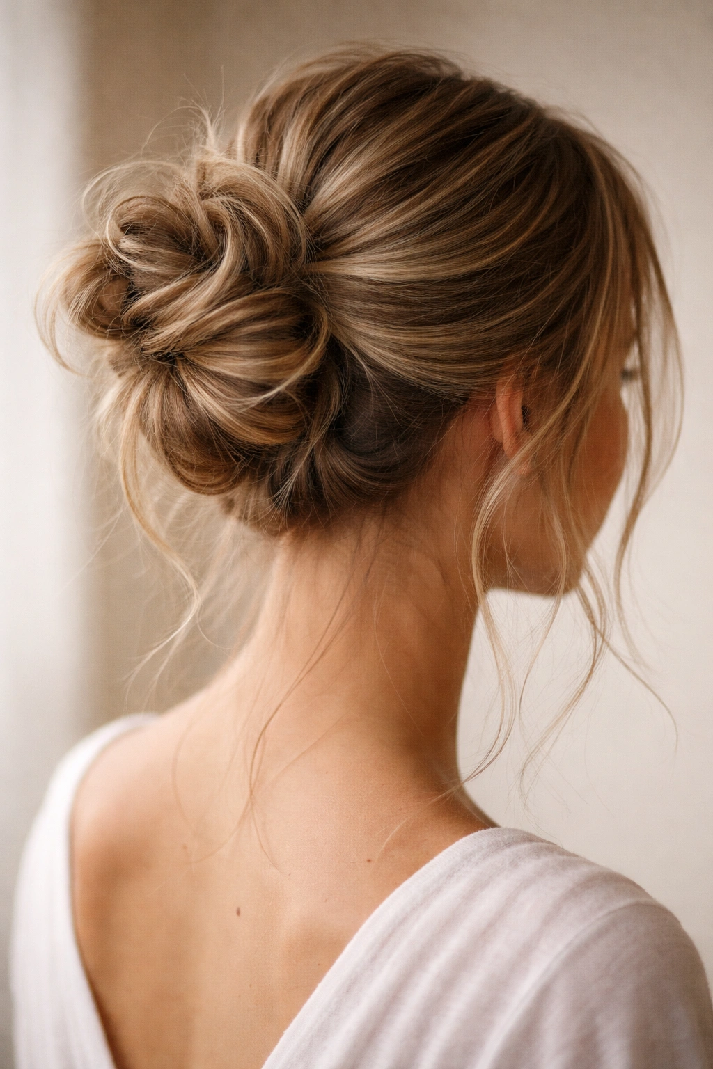 Close-up of an elegant messy bun with wispy strands on a neutral backdrop