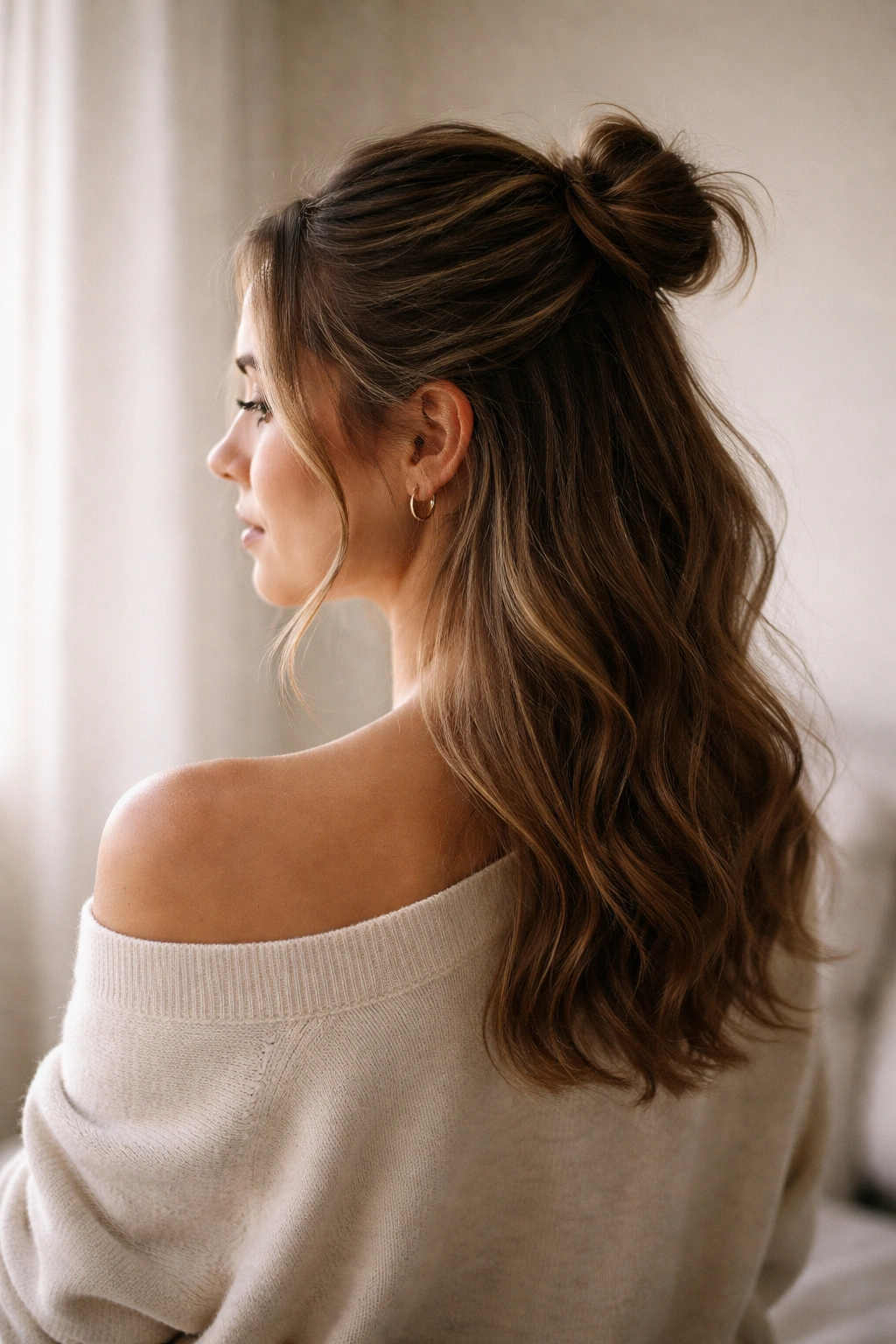 Serene portrait focusing on a refined half-up bun