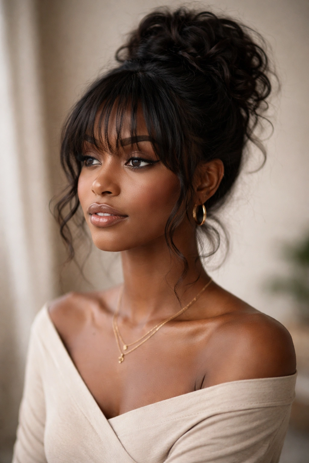 Polished messy bun with bangs on a Black woman in a studio portrait.