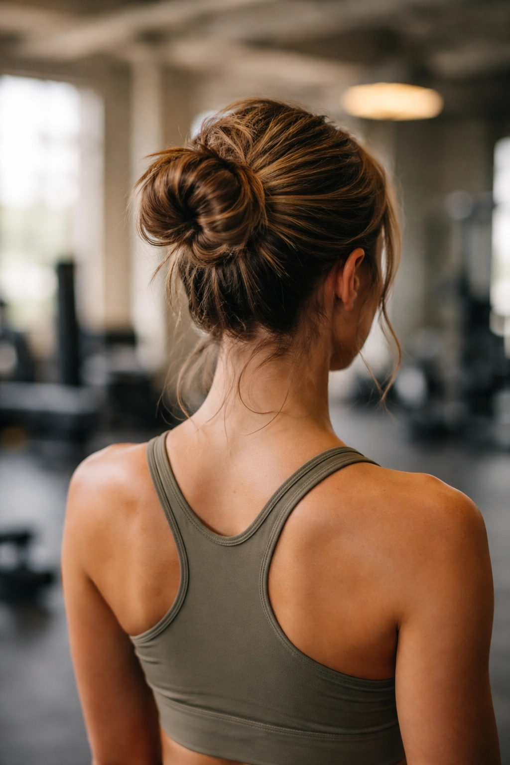 Back view of a person with a neatly secured messy bun in a calm gym space