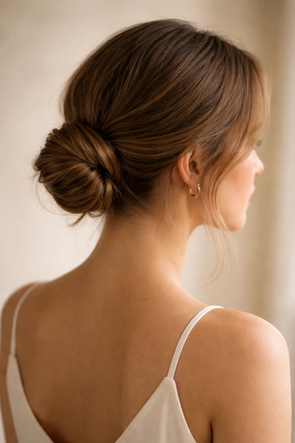 Elegant low bun on shoulder-length hair with smooth texture.