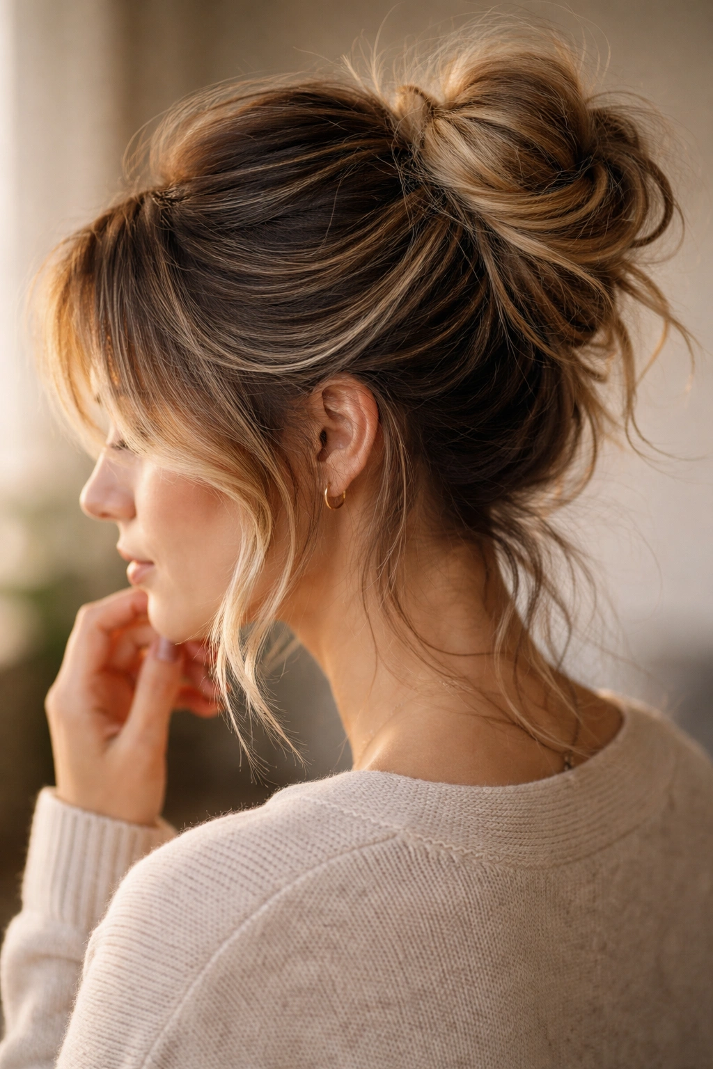 Head and shoulders with layered hair and a messy bun, conveying contemplation