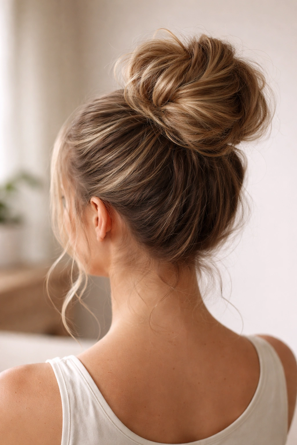 Finished high messy bun on a neutral surface, symbolizing secure hold
