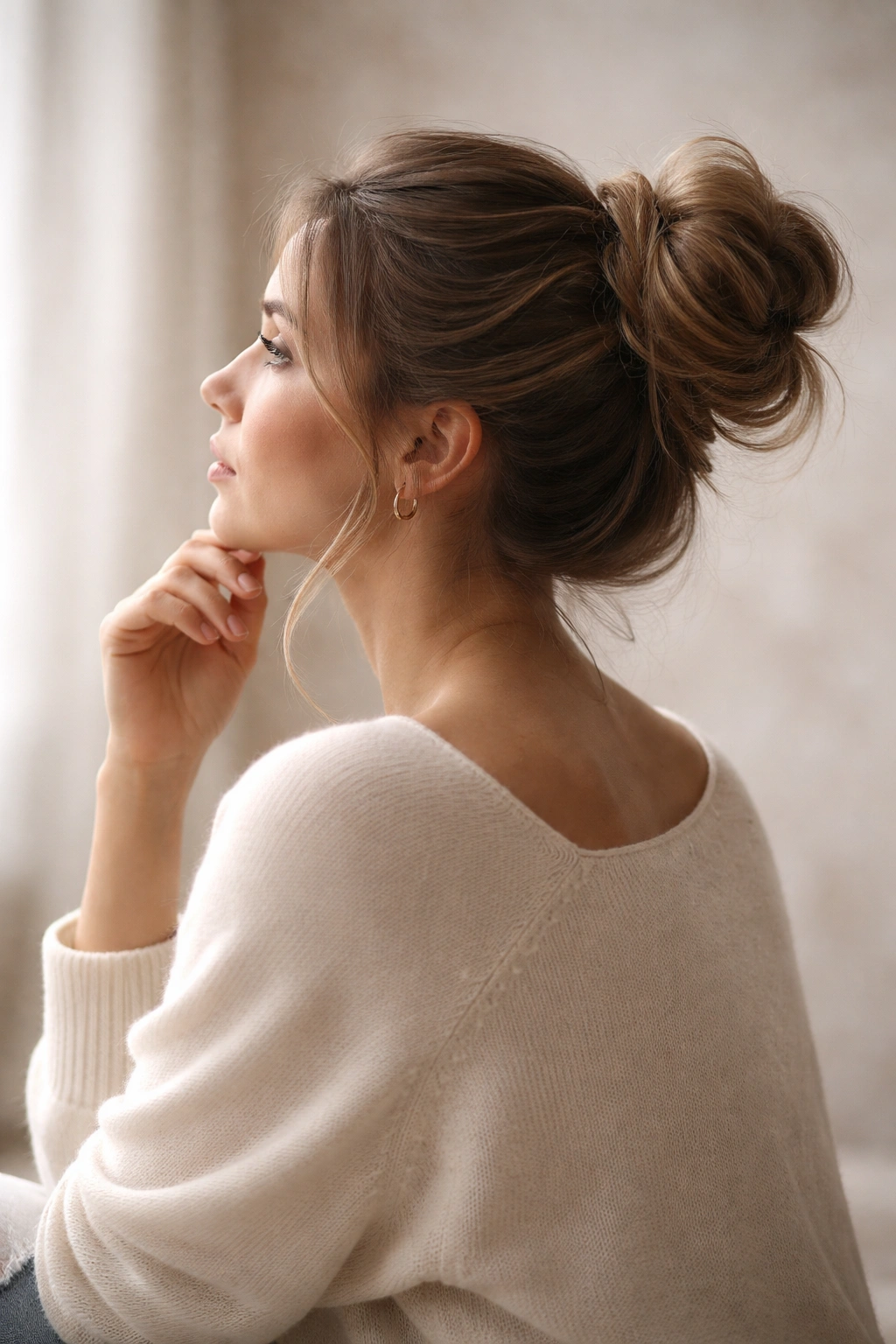 Contemplative silhouette in a neutral background reflecting final thoughts on bun styles