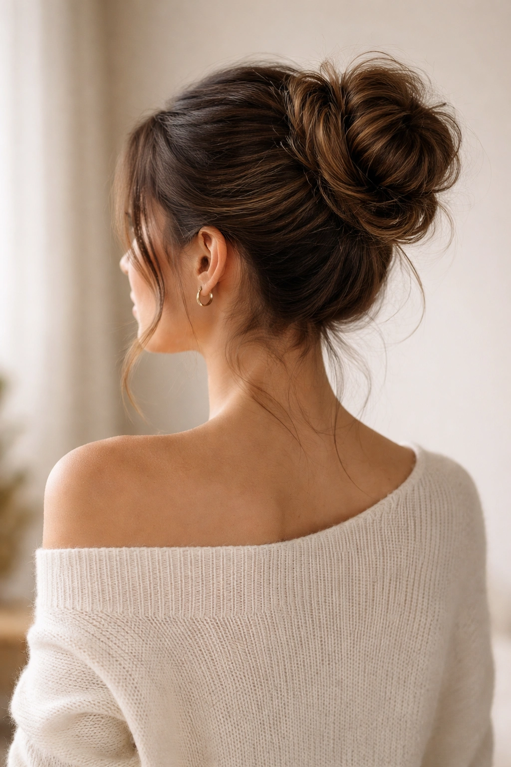 Calm portrait of a thick hair bun with a final polished look