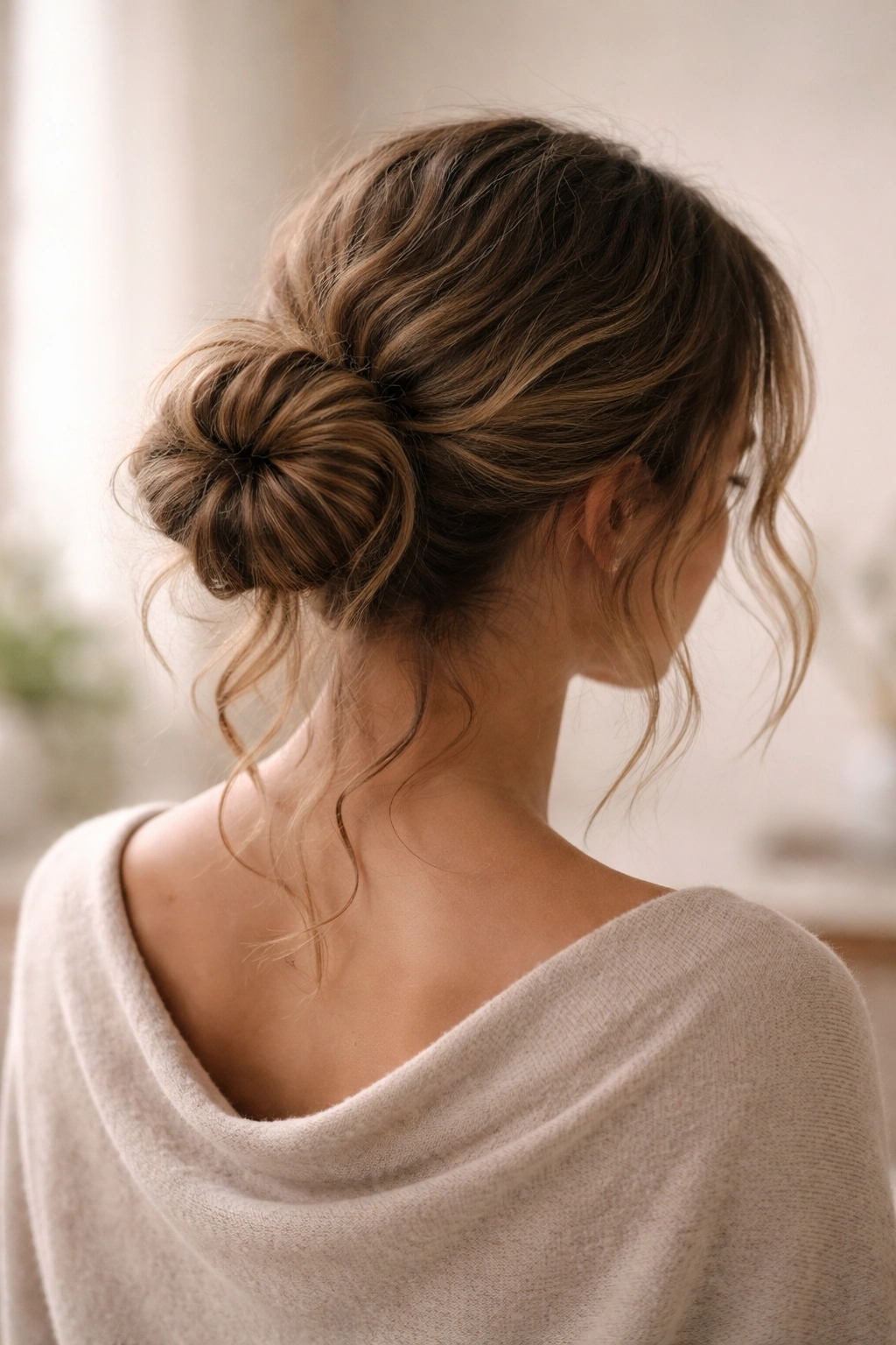 Portrait of a person with relaxed bun and soft waves in a calm studio setting