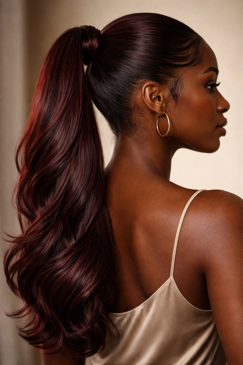 Polished burgundy ponytail silhouette for final thoughts