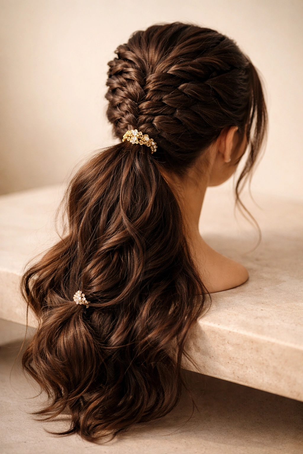 Minimalist close-up of a finished butterfly braid ponytail highlighting texture