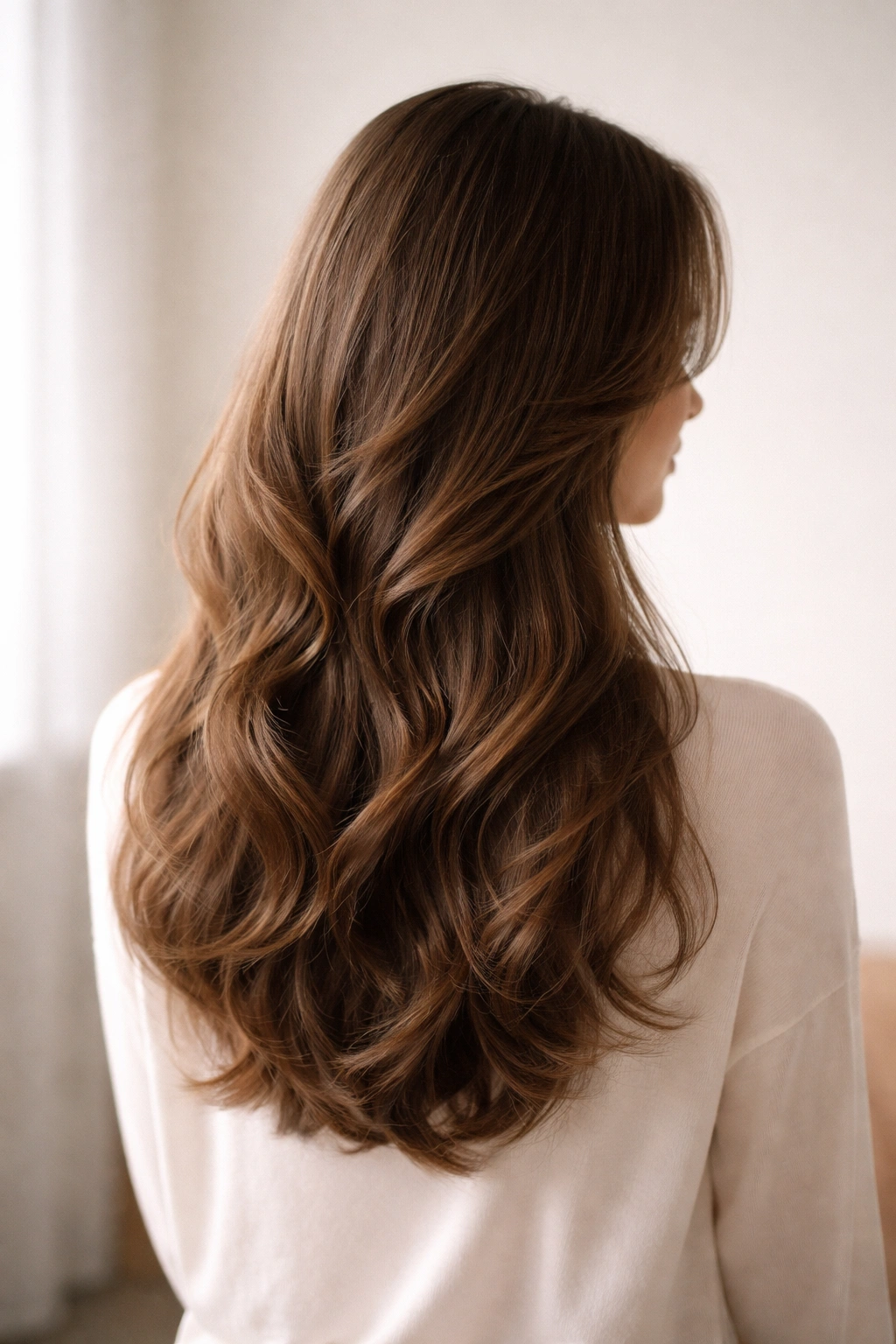 Studio portrait showing butterfly cut silhouette on long waves