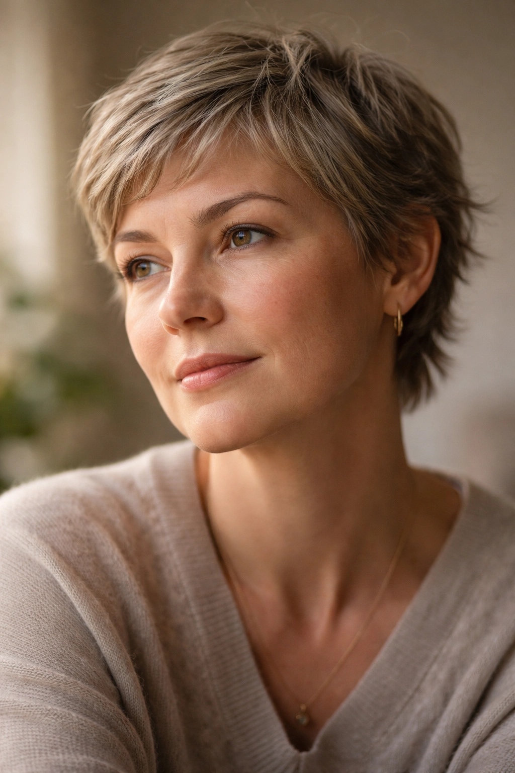 Contemplative portrait of chemo regrowth hair with gentle texture
