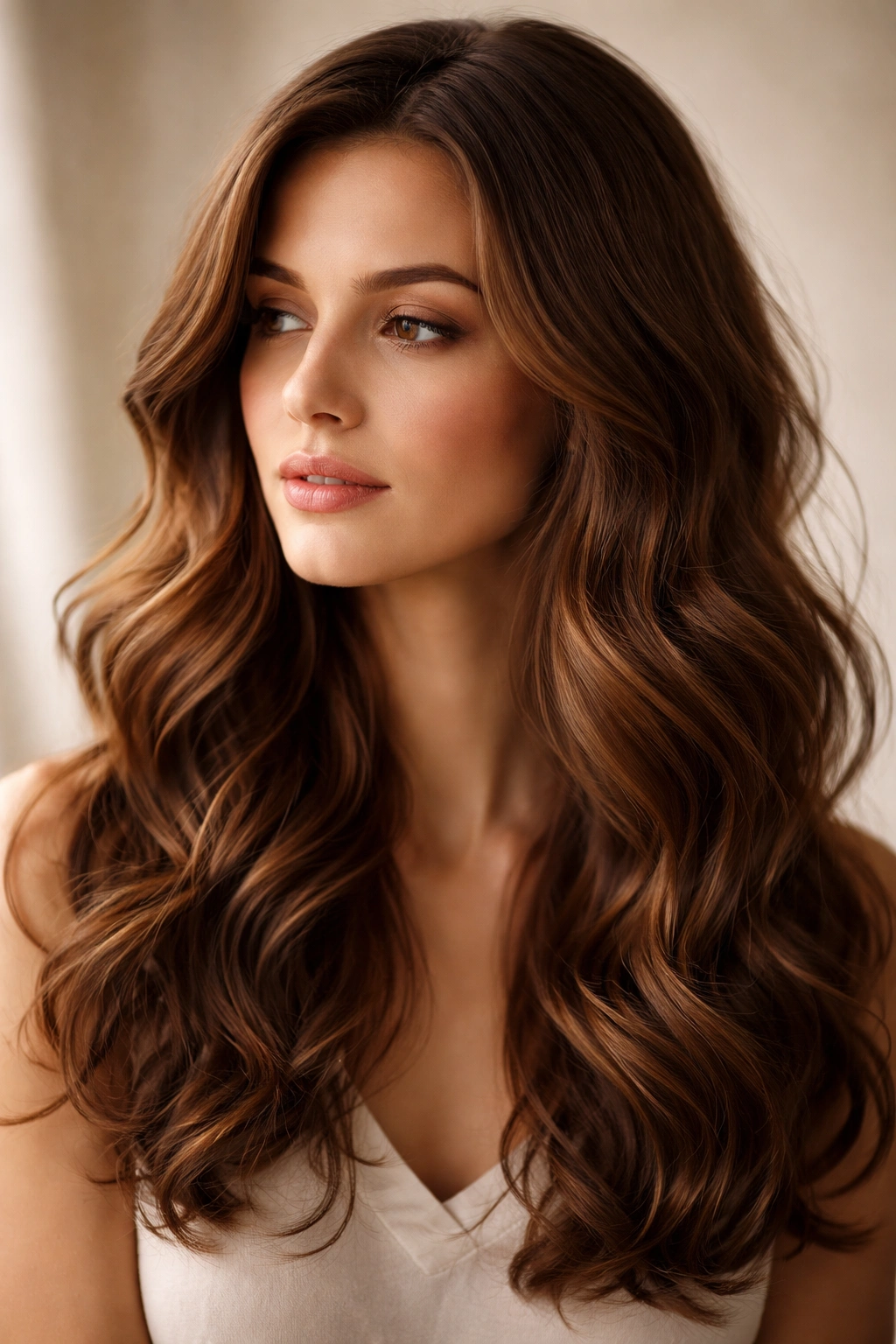 Close-up portrait focusing on chestnut wavy hair with warm lighting.