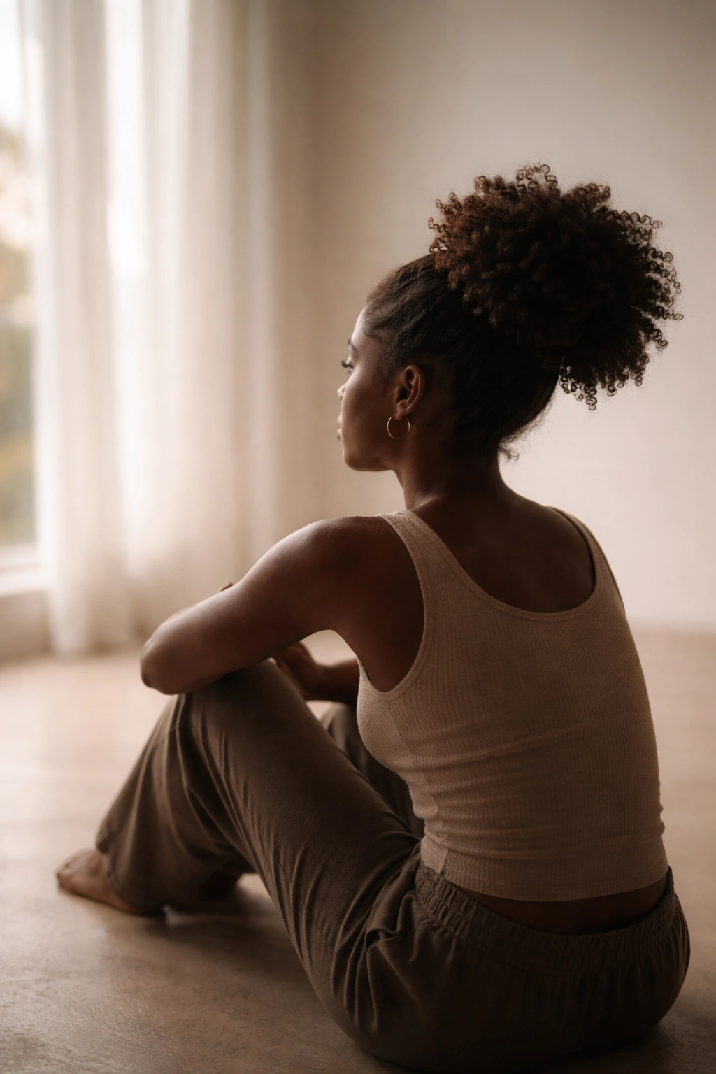 Solitary silhouette in a minimal room reflecting on final thoughts about 4c curly hairstyles