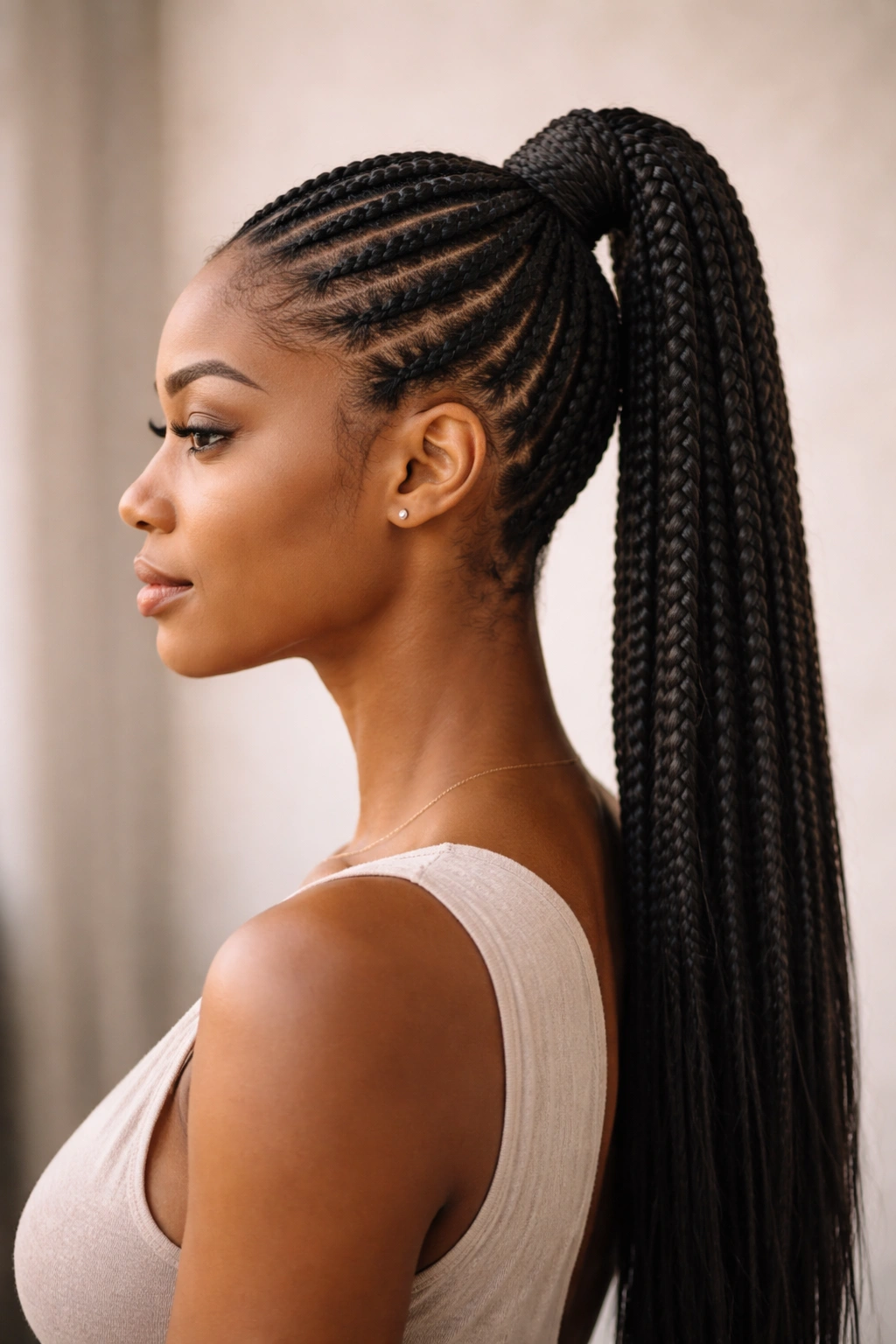 Close-up side-profile of a model showcasing a high cornrow ponytail with tight braids and a sleek ponytail
