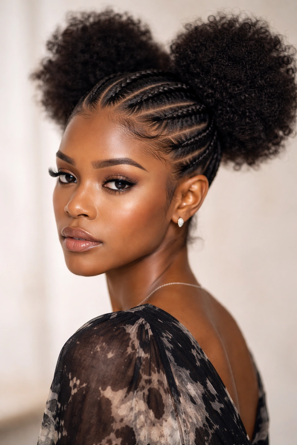 Editorial portrait focusing on cornrow and afro puff hairstyle