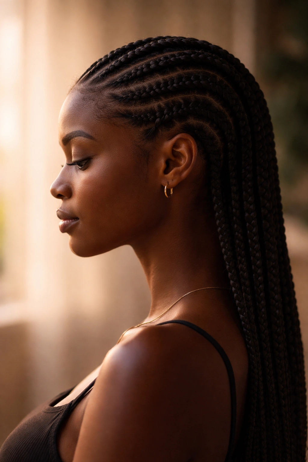 Silhouette of person with cornrows in profile