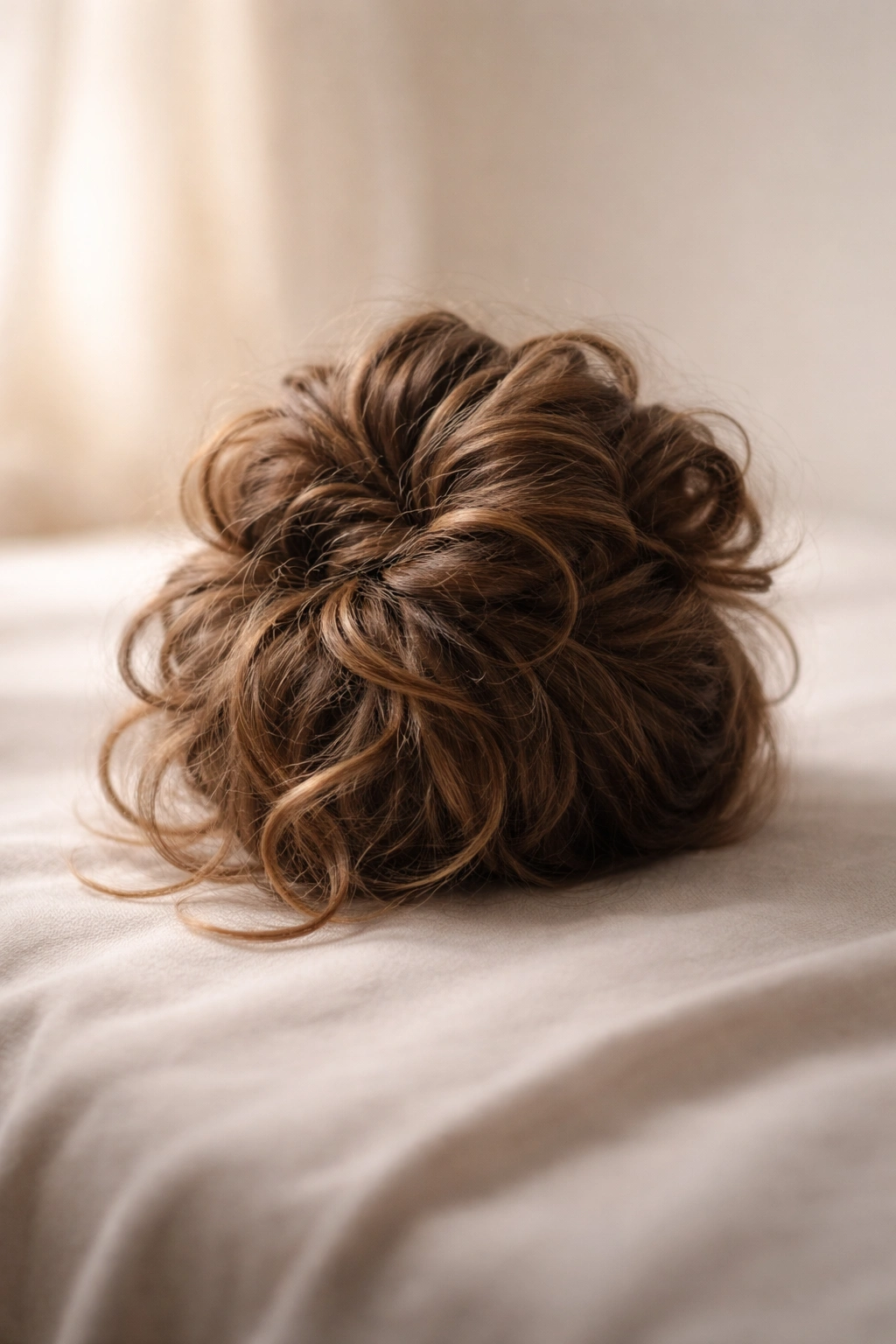 Minimalist still life of a single curled bun on a neutral surface
