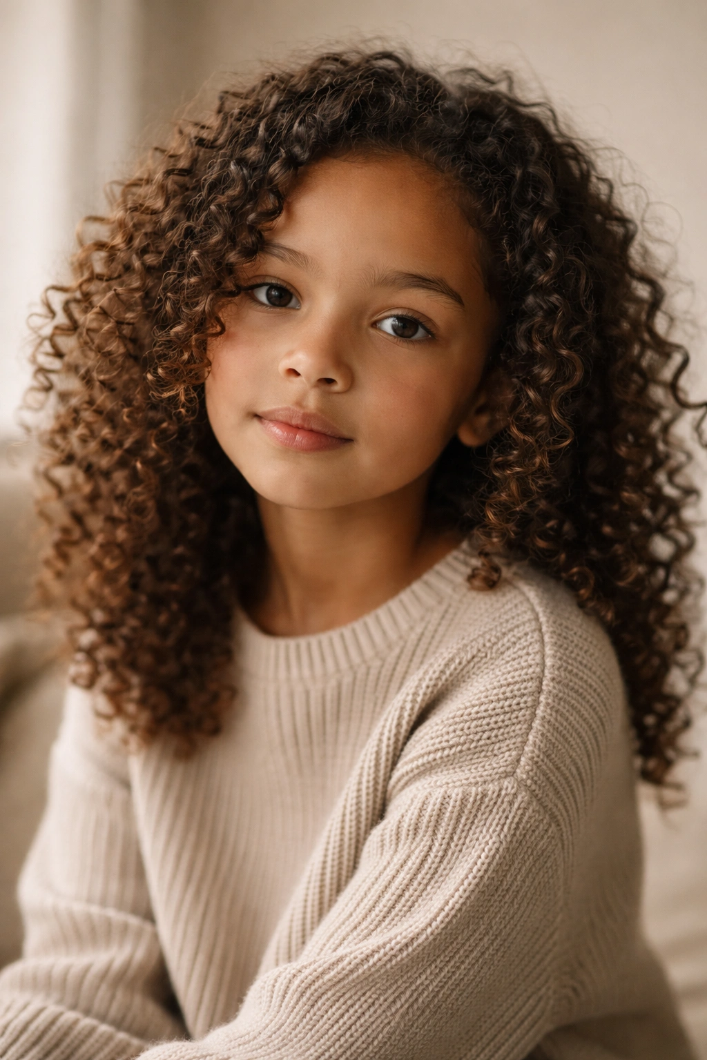 Thoughtful child with curly hair in a calm studio setting
