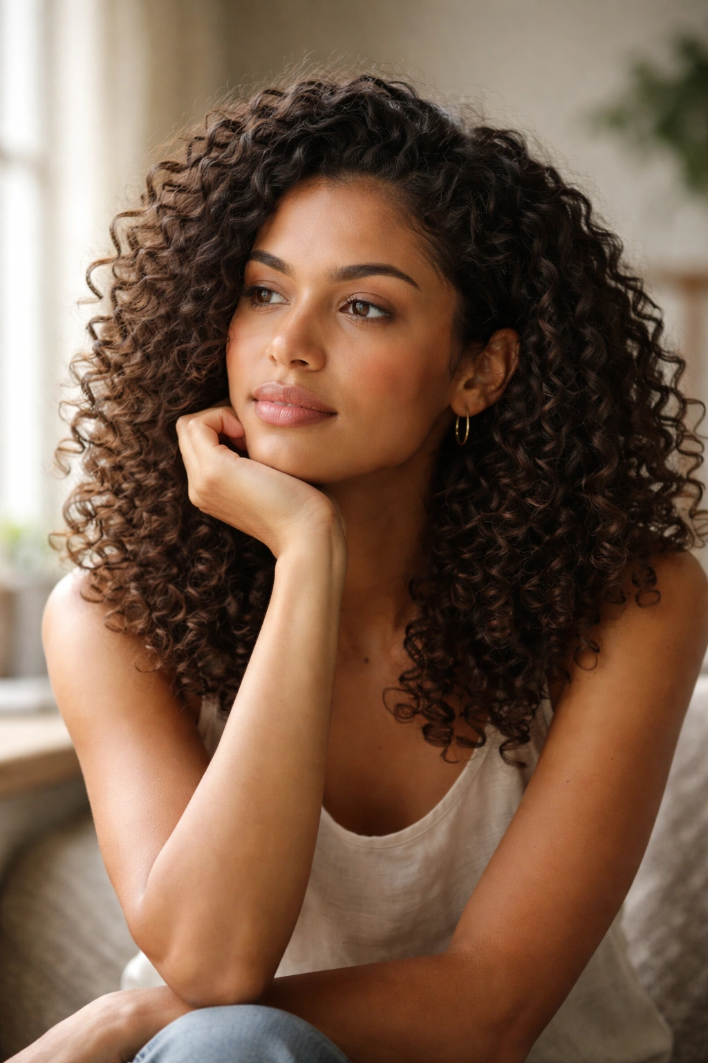 Thoughtful portrait of a person with curly hair in a calm studio.