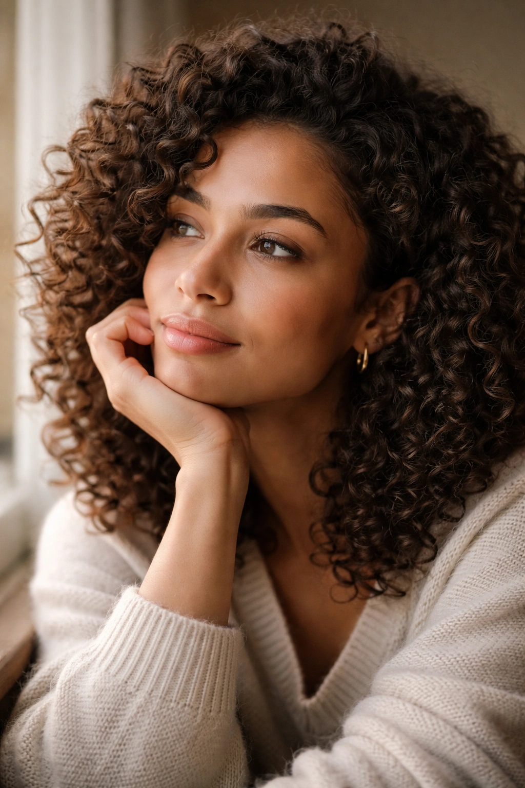 Contemplative portrait of curly-haired person reflecting on morning routine