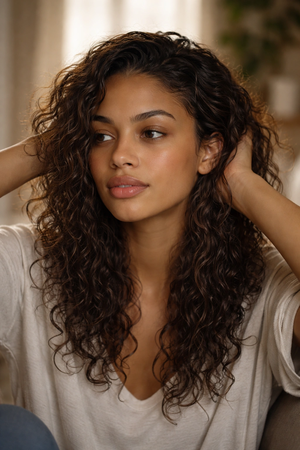 Contemplative curly-haired person in soft lighting, relaxed pose