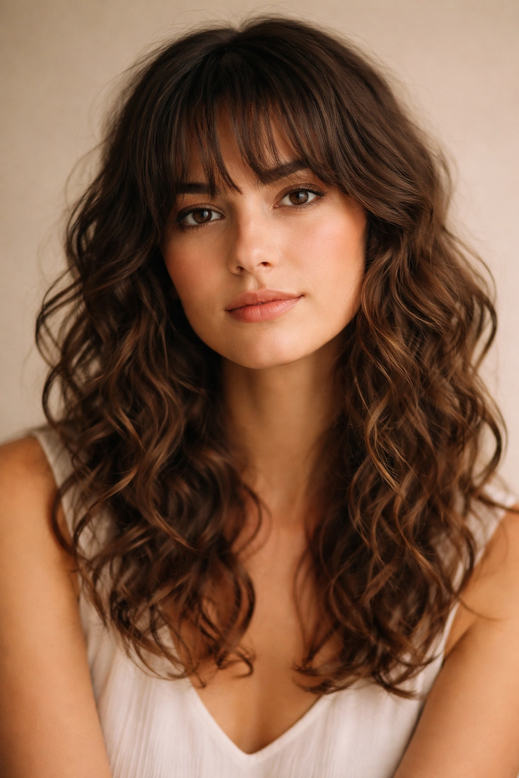 Thoughtful portrait of a person with wavy hair and bangs.