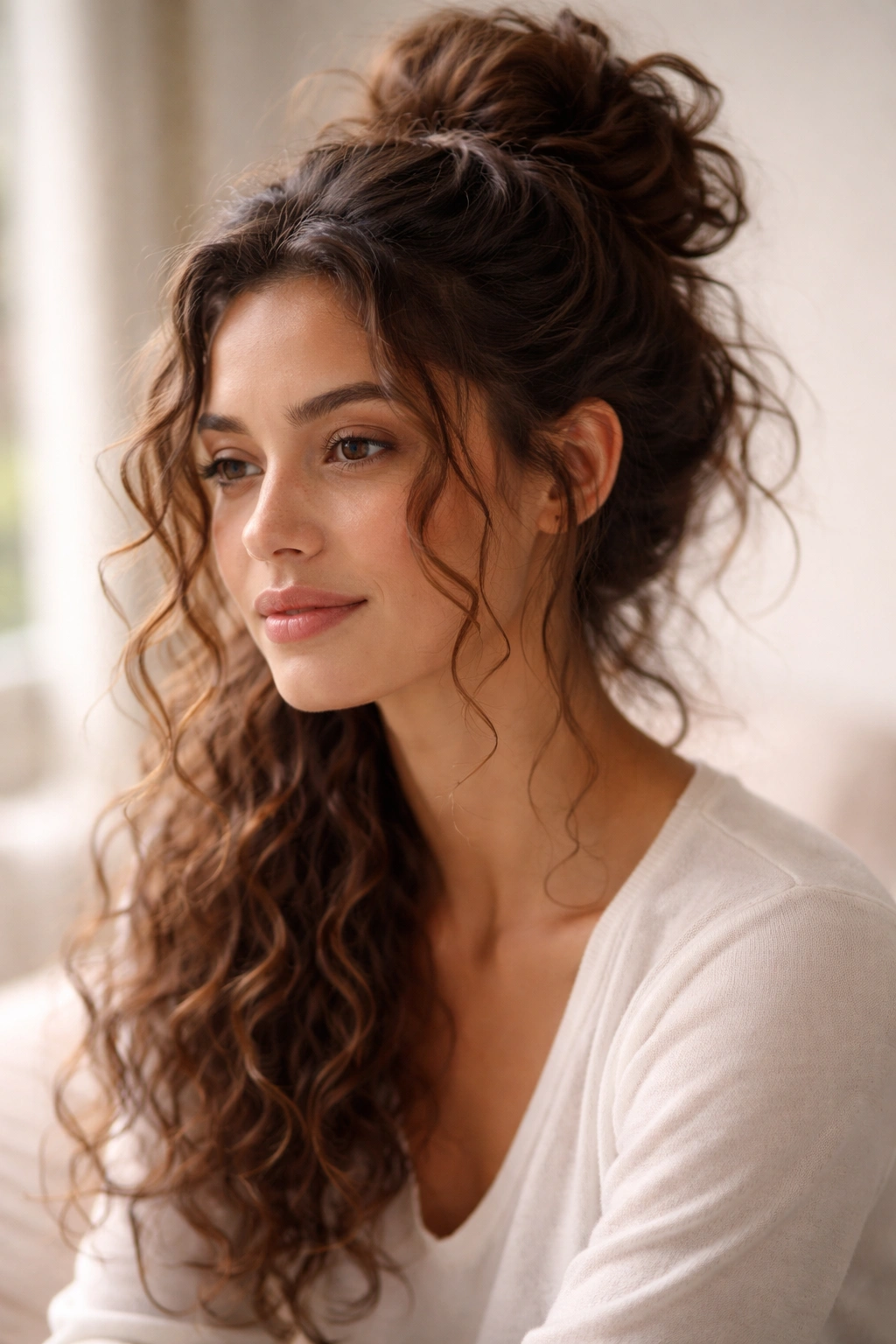 Casual bun with long curly hair in natural light
