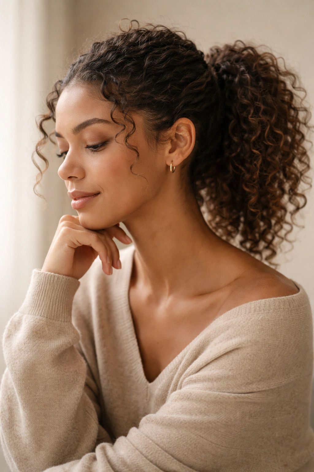 Contemplative portrait of a person with curly hair in a ponytail