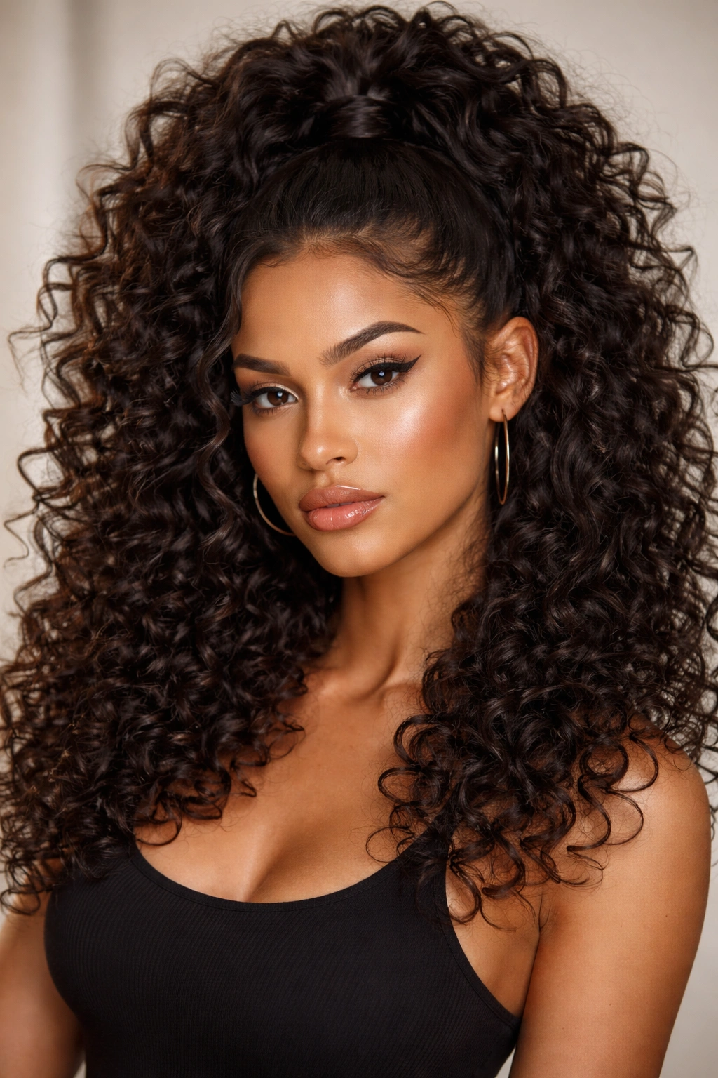 Close-up portrait of a person with voluminous curly hair styled in a bold baddie look