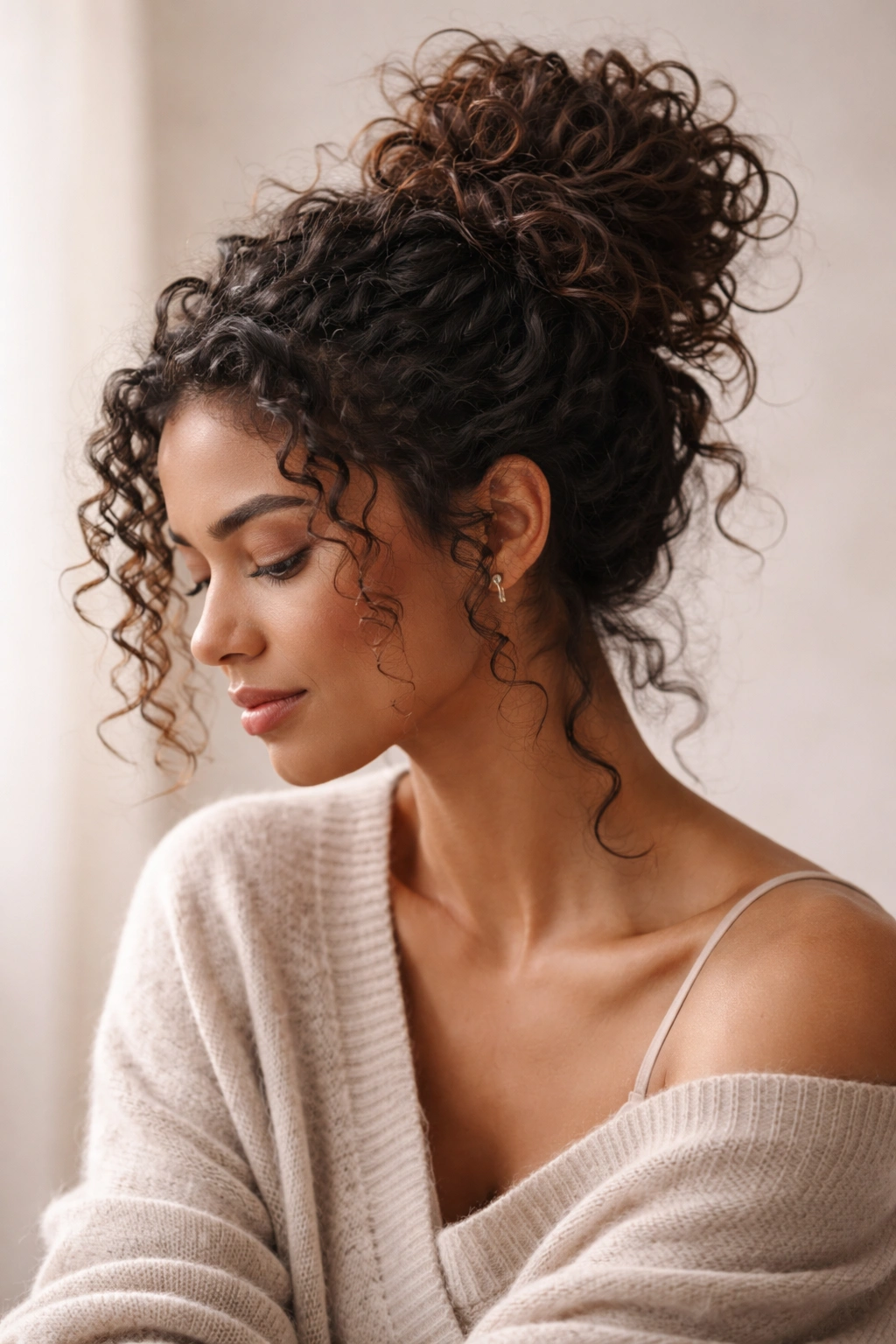 Contemplative portrait of a person with curly hair in a relaxed messy bun