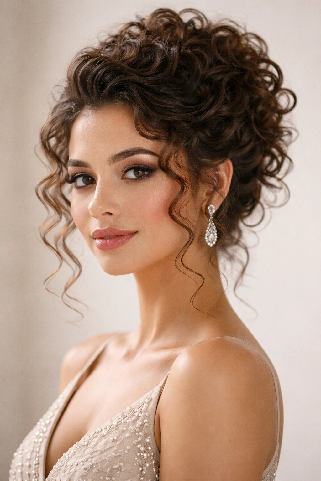 Close-up portrait of a person with formal curly hairstyle under soft studio lighting
