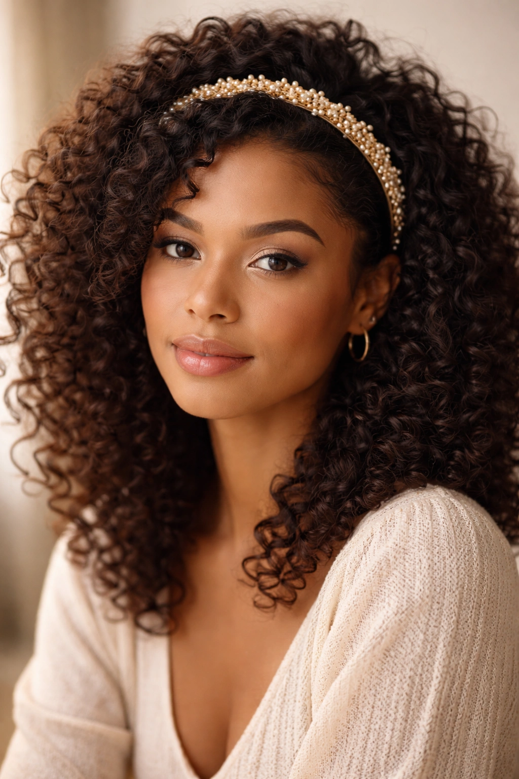 Close-up portrait of curly hair with a delicate headband highlighting natural texture