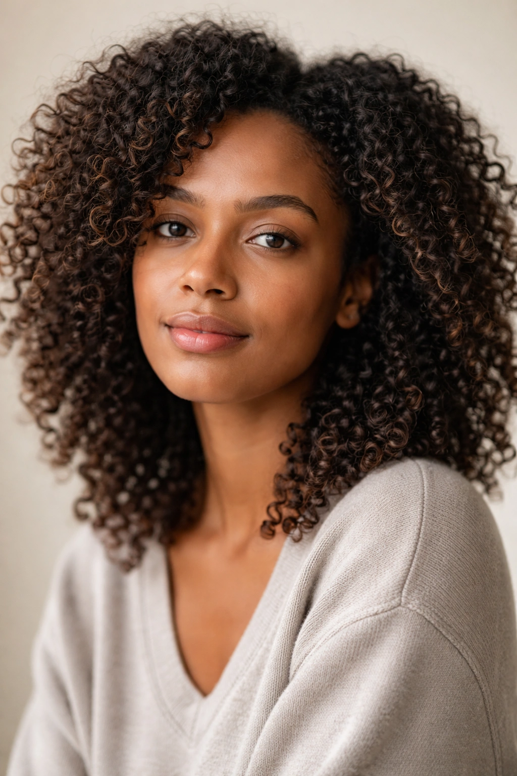 Close-up portrait of a person with natural curly hair against a plain background, representing final thoughts on low-tension hairstyles