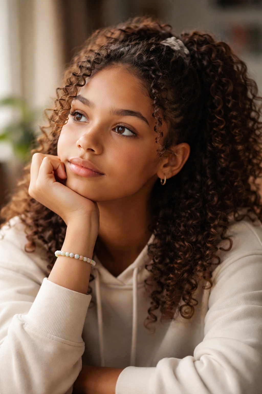 Thoughtful portrait of a curly-haired student in calm reflection