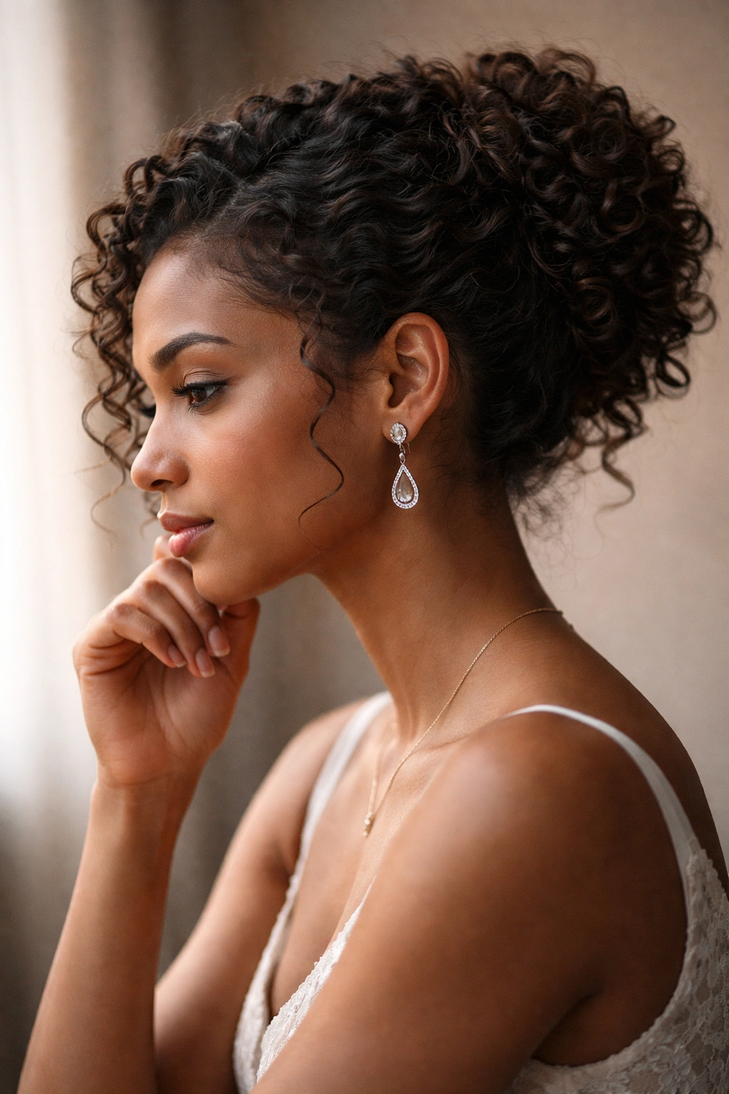 Contemplative profile portrait reflecting on curly hair styling.