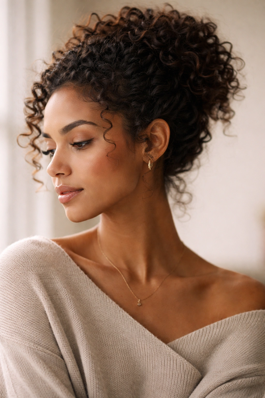 Contemplative portrait of a person with curly hair