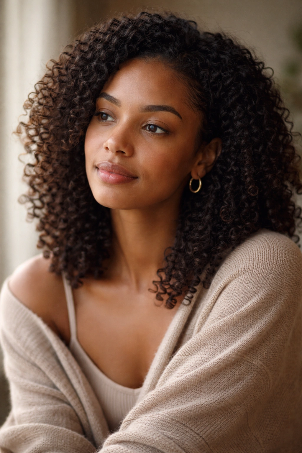 Contemplative portrait of a person with natural curls