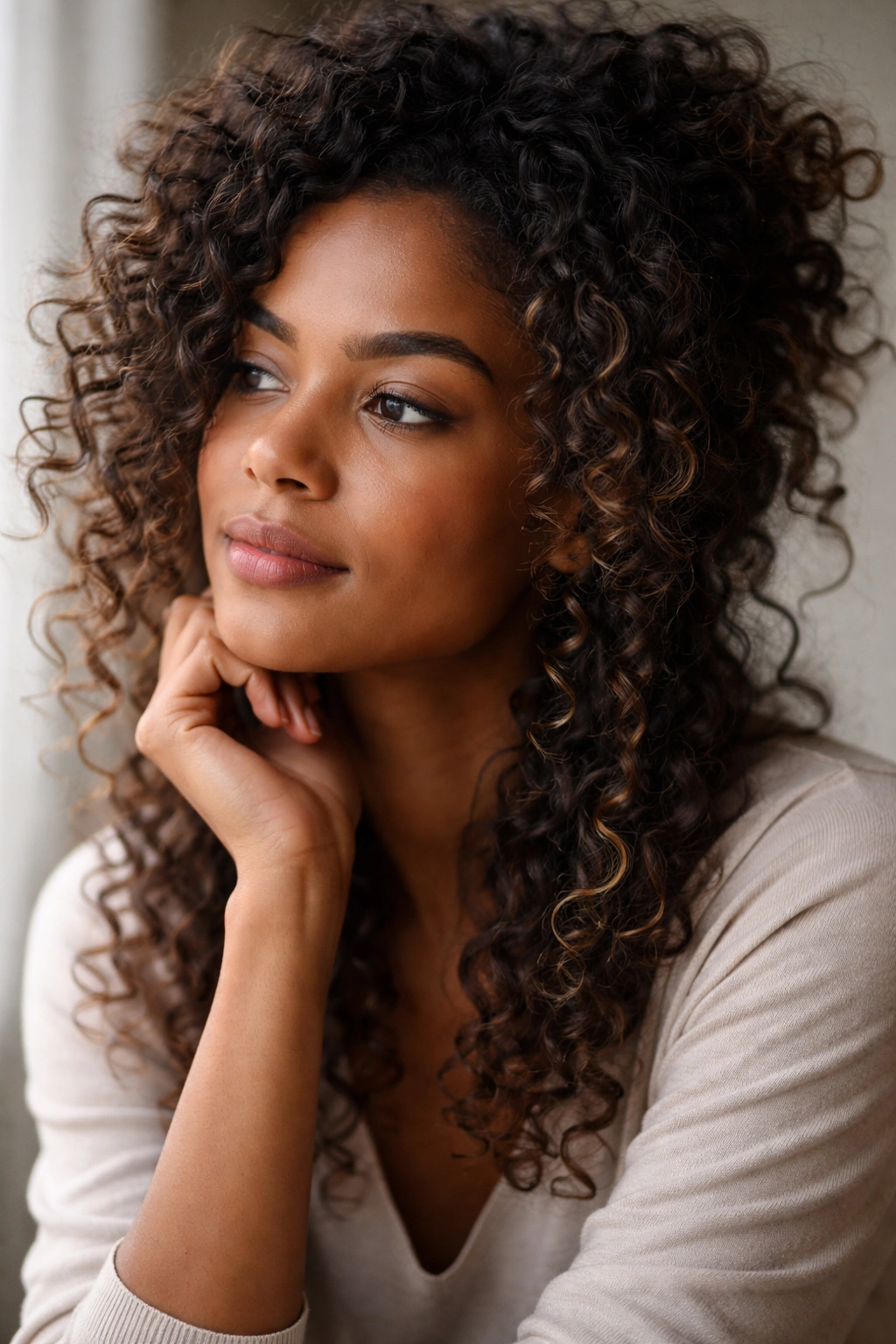 Thoughtful portrait of a person with natural curly hair in a contemplative pose