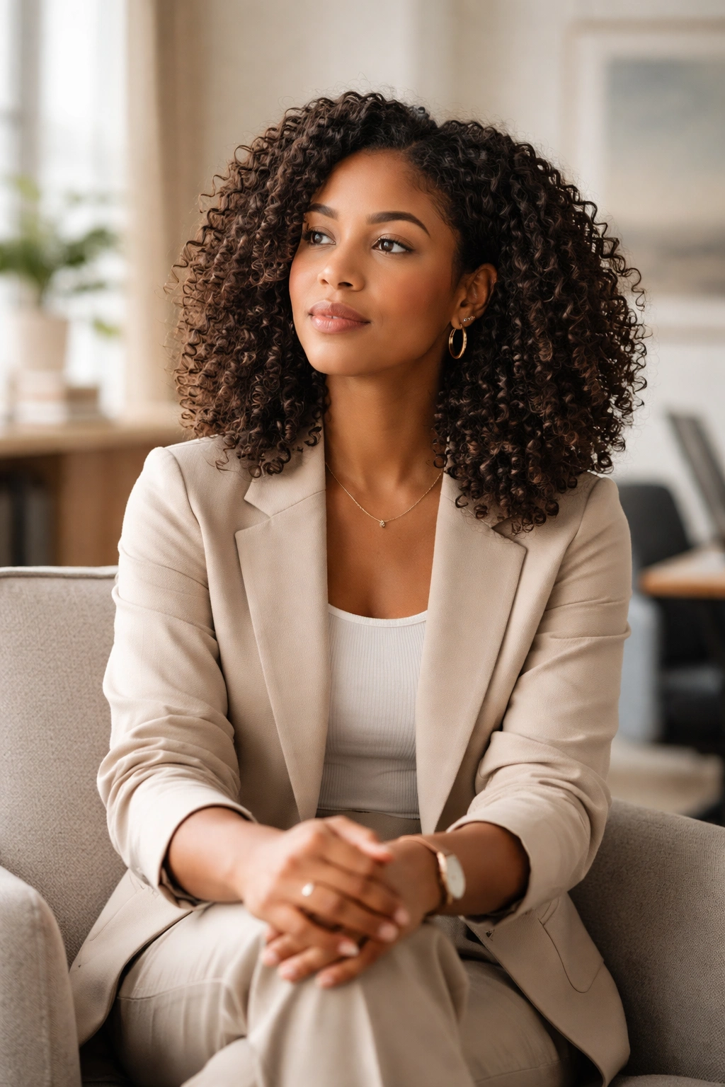 Thoughtful portrait of a person with curly hair reflecting on workplace hairstyles
