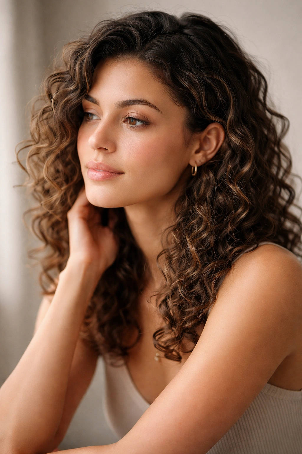 Thoughtful portrait of a person with 2c curls contemplating hairstyles