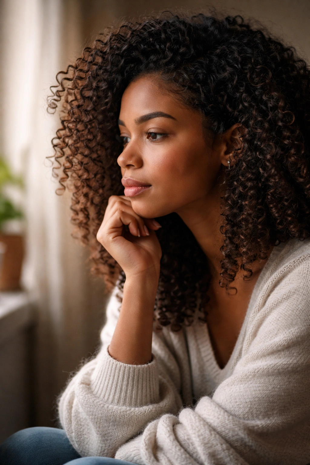 Silhouette of a person with curly hair in a thoughtful pose