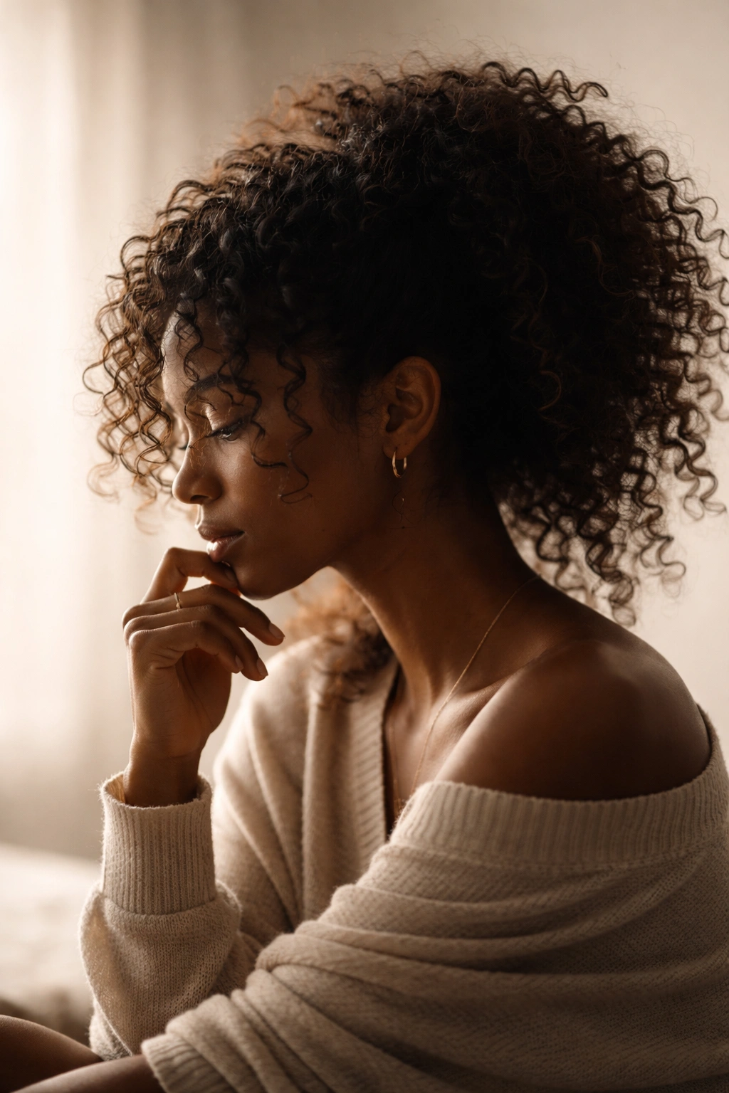 Silhouette of a person with curly hair in a contemplative pose