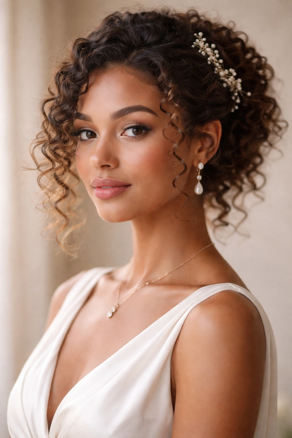 Close-up portrait of a person with curly hair styled for a wedding guest look, soft lighting.