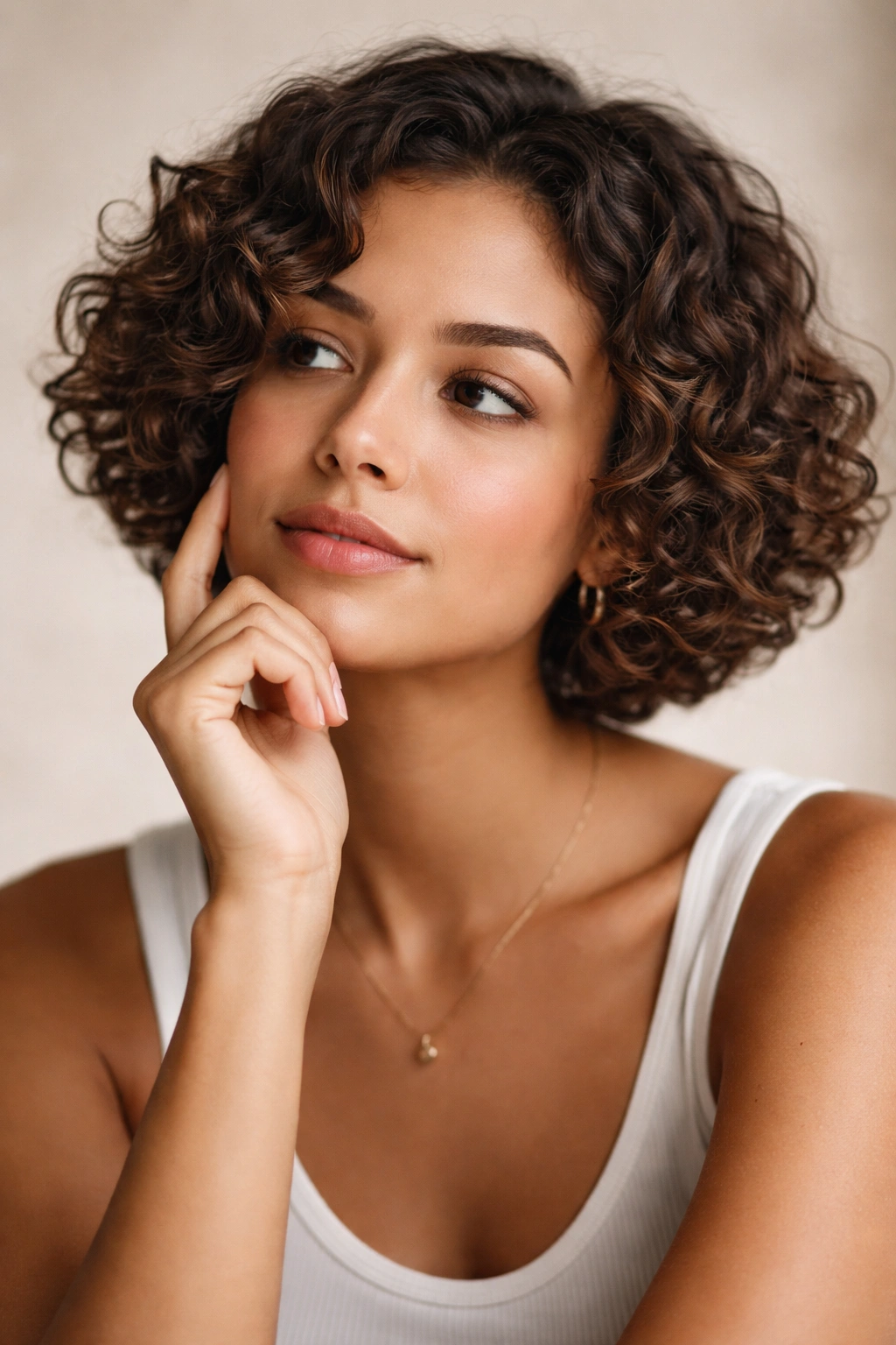 Contemplative portrait of a person with short curly bob