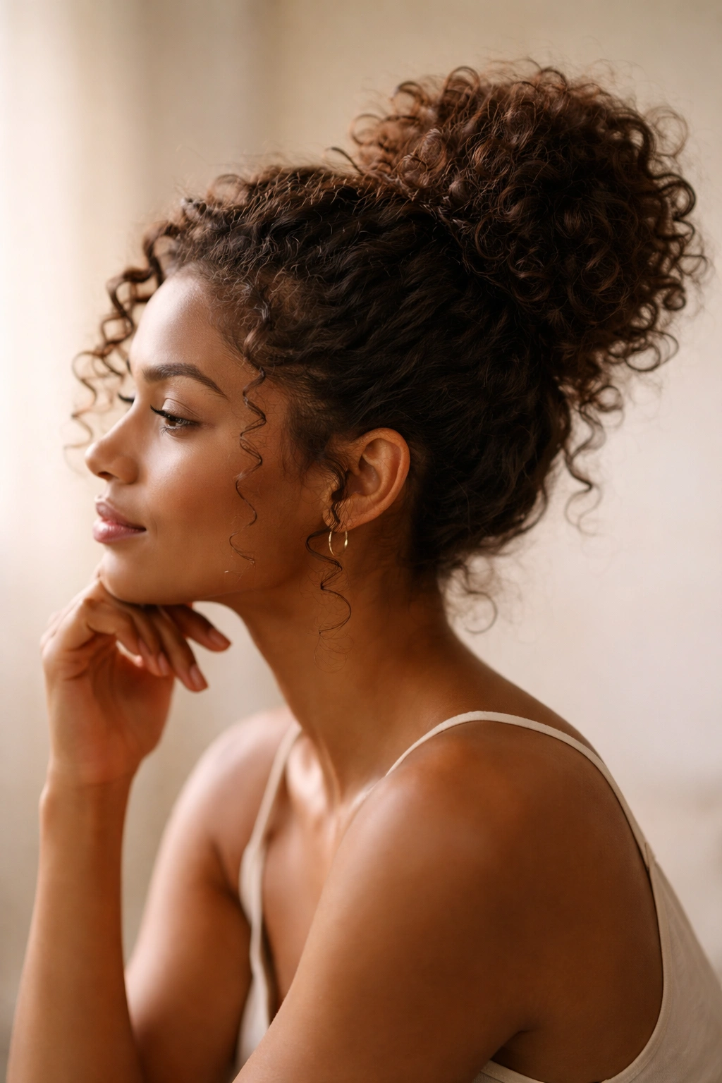 Person with a curly bun in a thoughtful pose, warm studio lighting