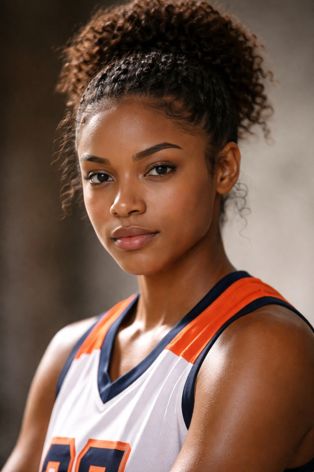 Close-up of a confident athlete with neatly styled curly hair