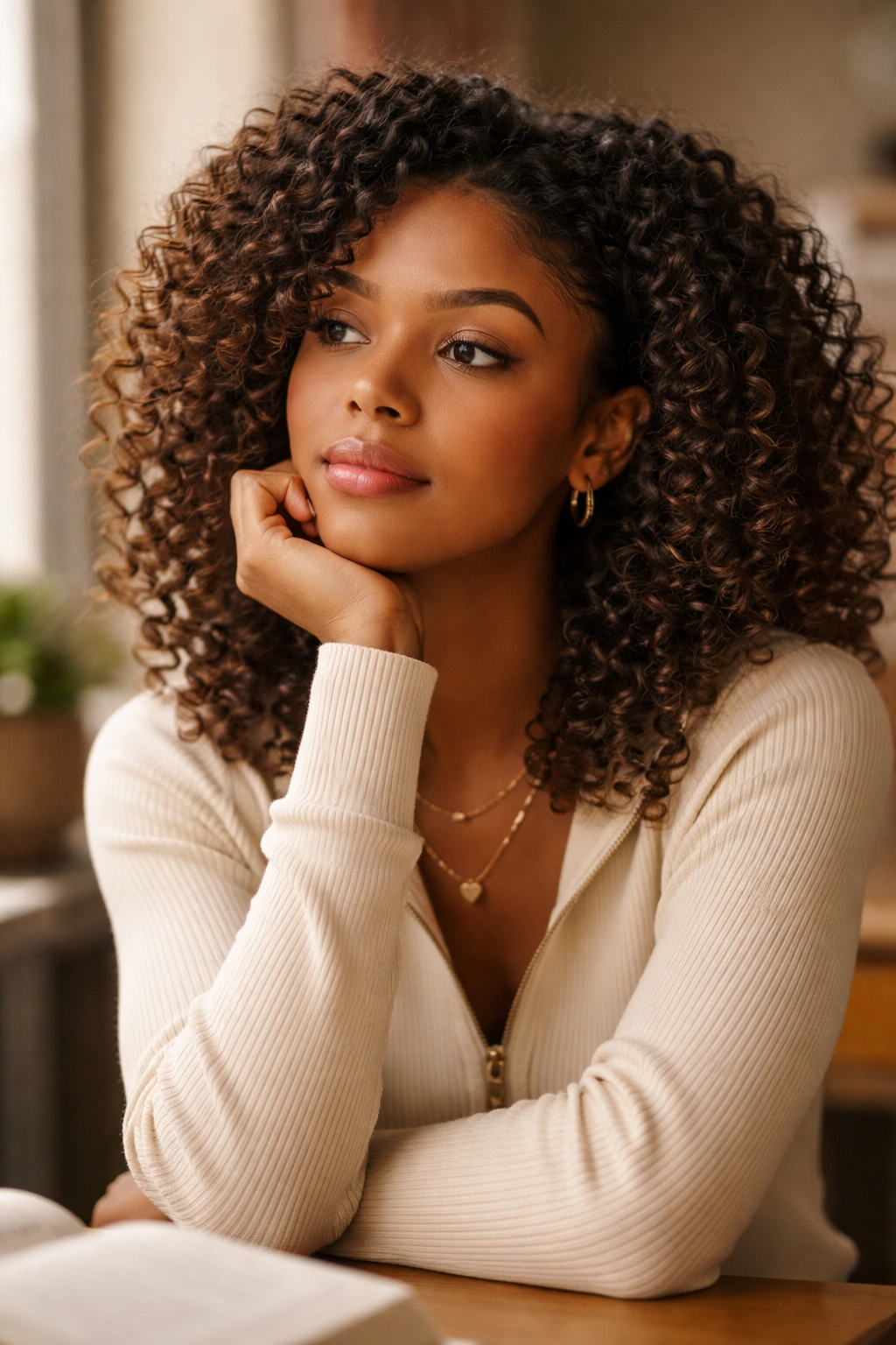 Contemplative portrait of a student with curly hair in warm light
