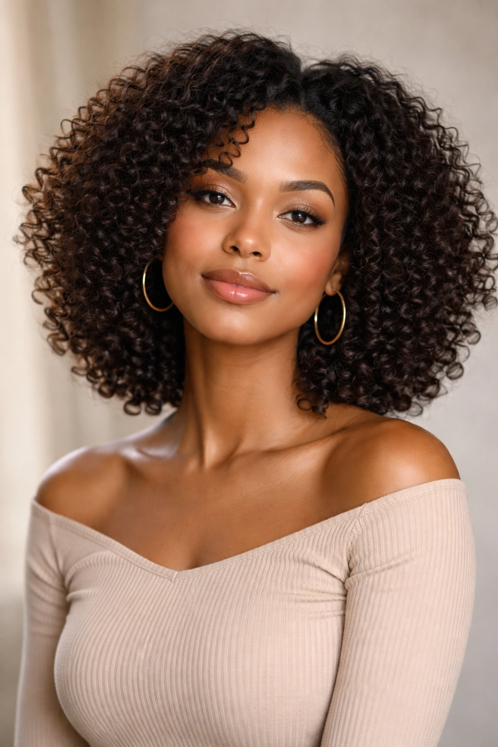 Portrait of a person with voluminous medium-length curls and confident expression.