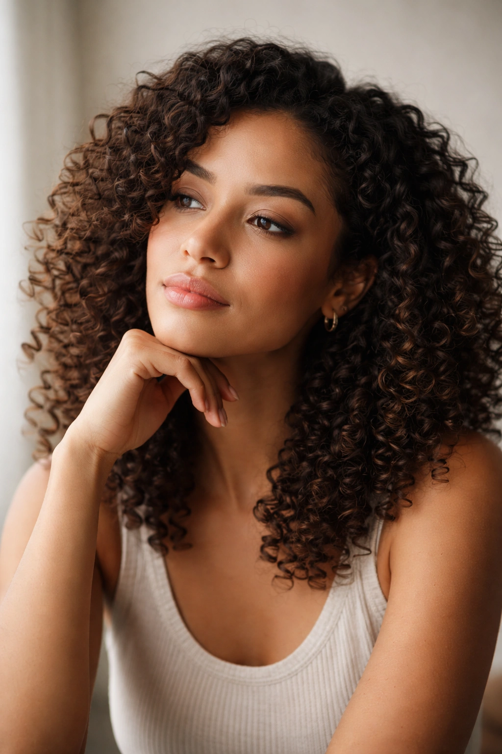 Contemplative portrait of a person with natural curly hair.